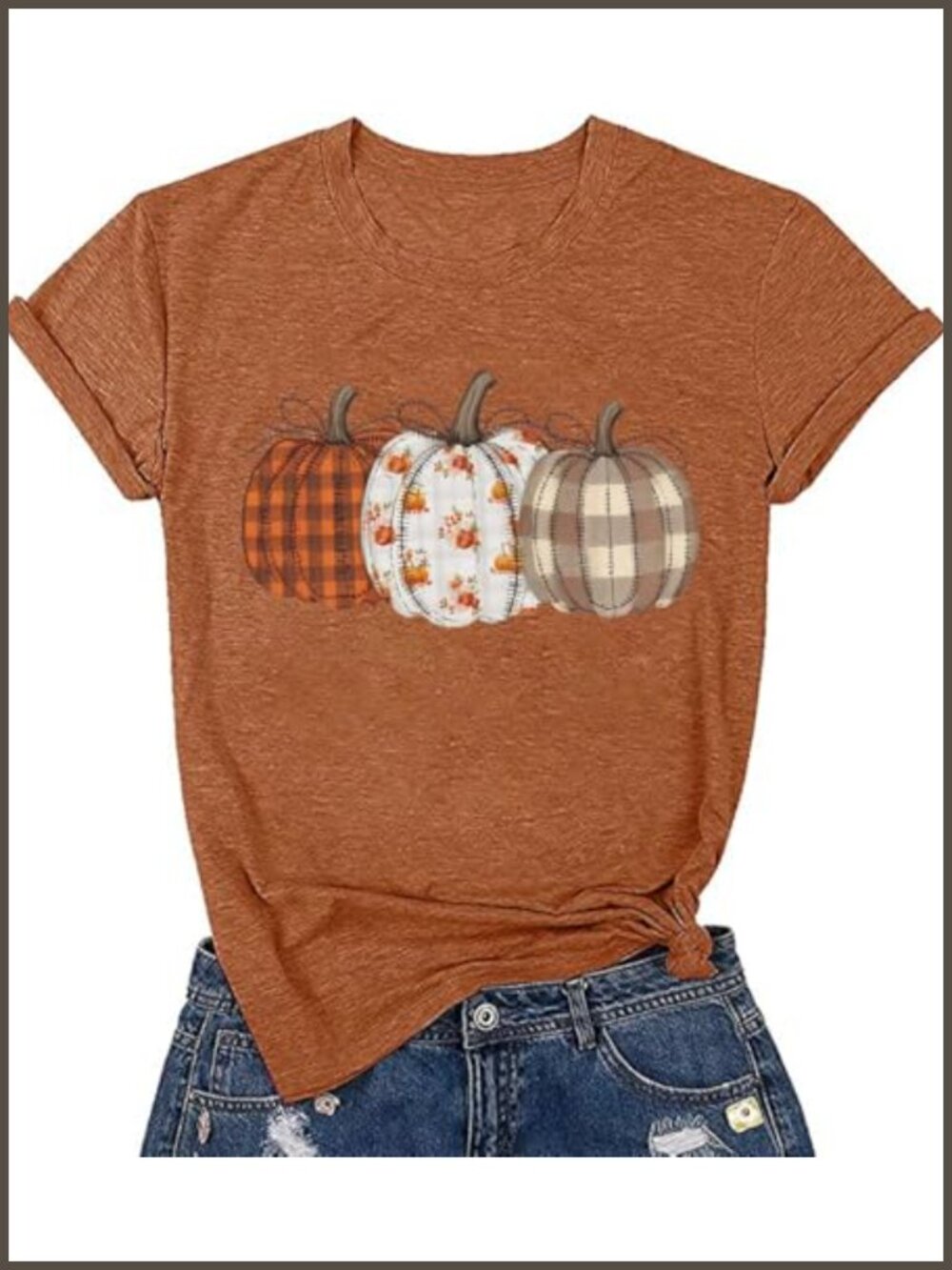 Fall Pumpkin Checkered Patchwork Crew Neck Short Sleeve Graphic Tee